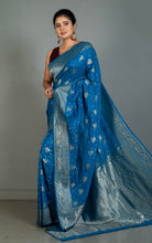Traditional Nakshi Motif Work Softy Dola Katan Silk Sari in Marine Blue and Antique Golden