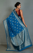 Traditional Nakshi Motif Work Softy Dola Katan Silk Sari in Marine Blue and Antique Golden
