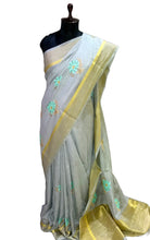 Cross Stitch Embroidery Work Art Moonga Silk Saree in Light Grey, Beige and Turquoise