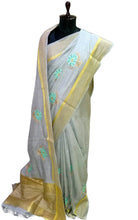 Cross Stitch Embroidery Work Art Moonga Silk Saree in Light Grey, Beige and Turquoise
