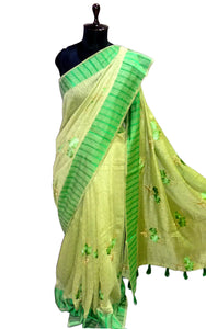 Cross Stitch Embroidery Work Art Moonga Silk Saree in Lime Green, Beige and Leaf Green