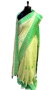 Cross Stitch Embroidery Work Art Moonga Silk Saree in Lime Green, Beige and Leaf Green