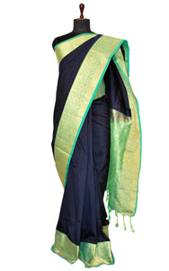 Fancy Cotton Silk Kanchipuram Saree in Midnight Blue, Seafoam Green and Golden