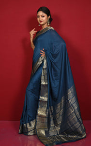 Soft Semi Crepe Silk Saree in Astro Navy Blue and Antique Golden