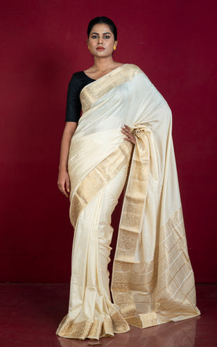 Soft Semi Crepe Silk Saree in Off White and Antique Golden