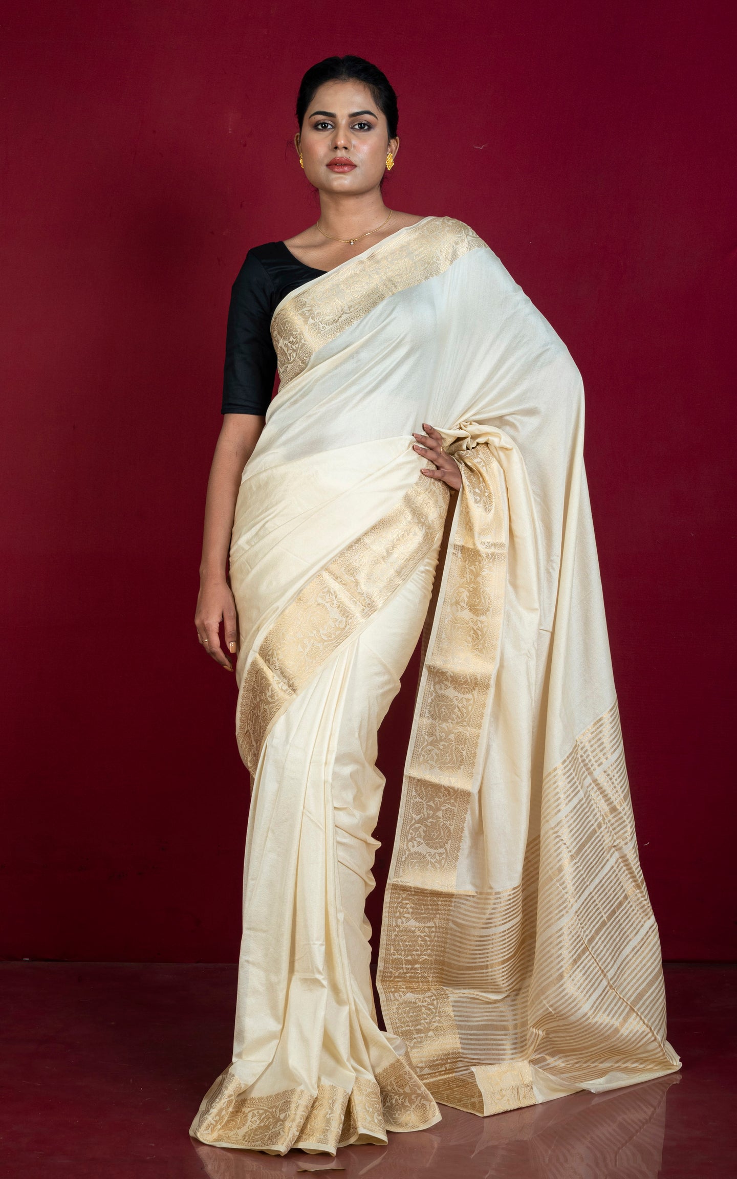 Soft Semi Crepe Silk Saree in Off White and Antique Golden