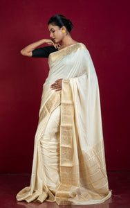 Soft Semi Crepe Silk Saree in Off White and Antique Golden