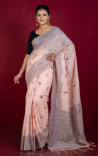 Semi Moonga Silk Kanthastitch Machine Embroidery Work Saree in Cavern Pink, Red and Dark Slate Grey Thread Work