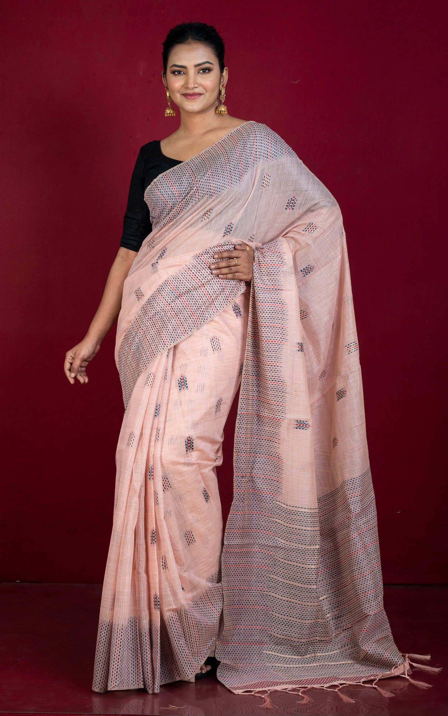 Semi Moonga Silk Kanthastitch Machine Embroidery Work Saree in Cavern Pink, Red and Dark Slate Grey Thread Work