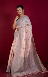 Semi Moonga Silk Kanthastitch Machine Embroidery Work Saree in Cavern Pink, Red and Dark Slate Grey Thread Work