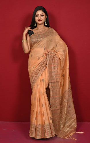 Semi Moonga Silk Kanthastitch Machine Embroidery Work Saree in Fawn, Brown and Dark Slate Grey Thread Work