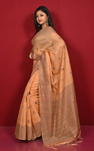 Semi Moonga Silk Kanthastitch Machine Embroidery Work Saree in Fawn, Brown and Dark Slate Grey Thread Work