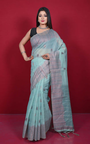 Semi Moonga Silk Kanthastitch Machine Embroidery Work Saree in Grey Blue, Brown and Dark Slate Grey Thread Work