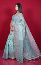 Semi Moonga Silk Kanthastitch Machine Embroidery Work Saree in Grey Blue, Brown and Dark Slate Grey Thread Work