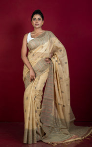 Semi Moonga Silk Kanthastitch Machine Embroidery Work Saree in Tan Brown, Red and Dark Slate Grey Thread Work