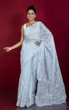 Handwoven Cotton Slub Chikankari Embroidery Work Saree in Heather Grey and Off White Thread Work