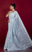 Handwoven Cotton Slub Chikankari Embroidery Work Saree in Heather Grey and Off White Thread Work