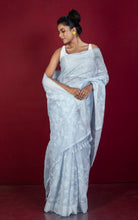 Handwoven Cotton Slub Chikankari Embroidery Work Saree in Heather Grey and Off White Thread Work