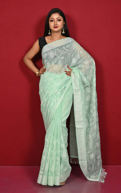 Handwoven Cotton Slub Chikankari Embroidery Work Saree in Mint Green and Off White Thread Work