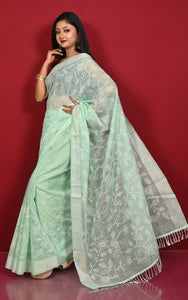 Handwoven Cotton Slub Chikankari Embroidery Work Saree in Mint Green and Off White Thread Work