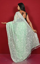 Handwoven Cotton Slub Chikankari Embroidery Work Saree in Mint Green and Off White Thread Work