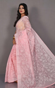 Handwoven Cotton Slub Chikankari Embroidery Work Saree in Crepe Pink and Off White Thread Work