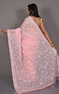 Handwoven Cotton Slub Chikankari Embroidery Work Saree in Crepe Pink and Off White Thread Work