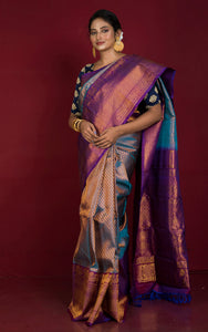 Exclusive Mahapar Tanchui Brocade Gadwal Silk Saree in Sapphire Blue, Purple and Golden Zari Work