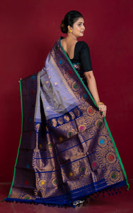 Handwoven Floral Minakari Nakshi Work Border Gadwal Silk Saree in Purplish Blue, Green, Dark Blue and Multicolored Weave