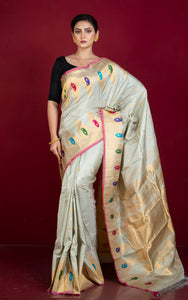 Handwoven Crowned Temple Minakari Nakshi Work Border Gadwal Silk Saree in Ecru White, Rubine Red and Multicolored Weave