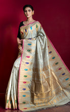 Handwoven Crowned Temple Minakari Nakshi Work Border Gadwal Silk Saree in Ecru White, Rubine Red and Multicolored Weave