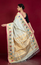 Handwoven Crowned Temple Minakari Nakshi Work Border Gadwal Silk Saree in Ecru White, Rubine Red and Multicolored Weave