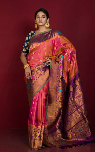 Handwoven Floral Minakari Nakshi Work Border Gadwal Silk Saree in Peachy Pink, Purple and Multicolored Weave