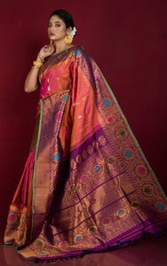 Handwoven Floral Minakari Nakshi Work Border Gadwal Silk Saree in Peachy Pink, Purple and Multicolored Weave