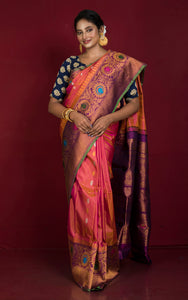 Handwoven Floral Minakari Nakshi Work Border Gadwal Silk Saree in Peachy Pink, Purple and Multicolored Weave