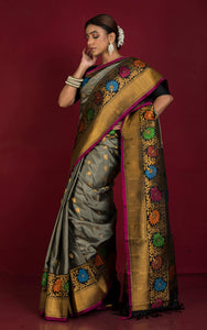 Handwoven Floral  Minakari Nakshi Work Border Gadwal Silk Saree in Metallic Gray, Antique Golden and Multicolored Weave