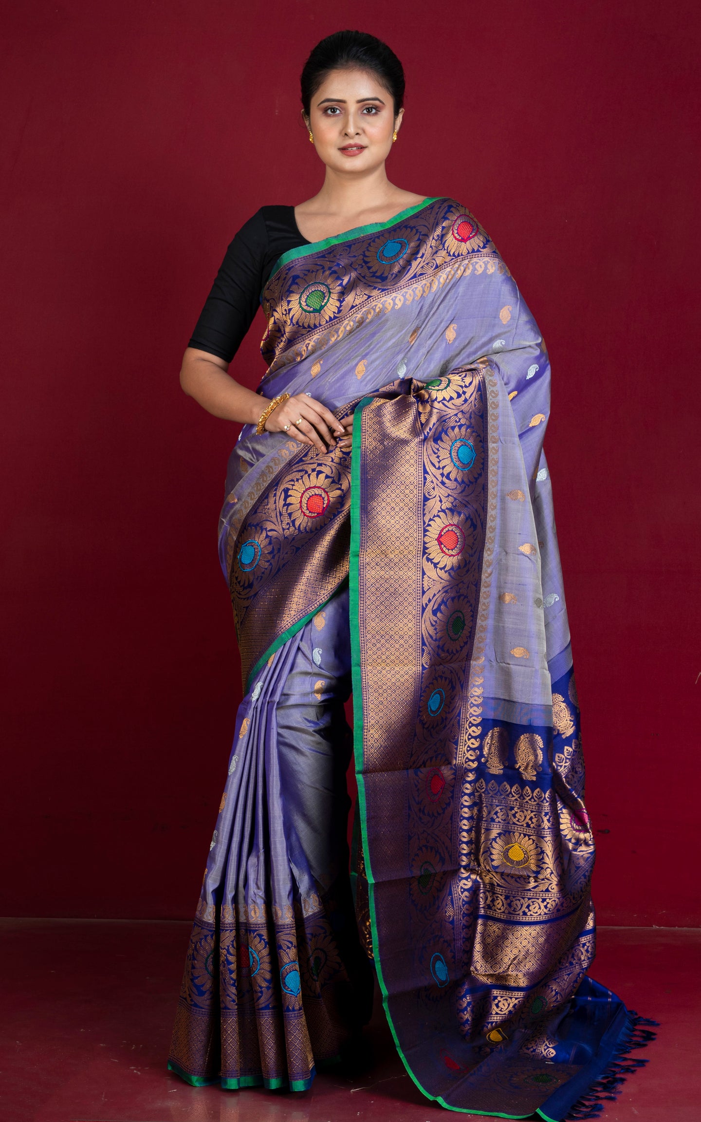 Handwoven Floral Minakari Nakshi Work Border Gadwal Silk Saree in Purplish Blue, Green, Dark Blue and Multicolored Weave