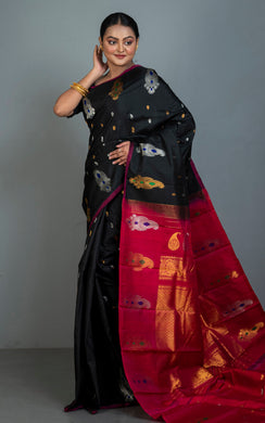 Exclusive Handwoven Paisley Motif Minakari Work Gadwal Silk Saree in Black, Red, Golden, Silver and Multicolored