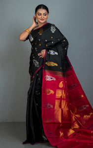 Exclusive Handwoven Paisley Motif Minakari Work Gadwal Silk Saree in Black, Red, Golden, Silver and Multicolored