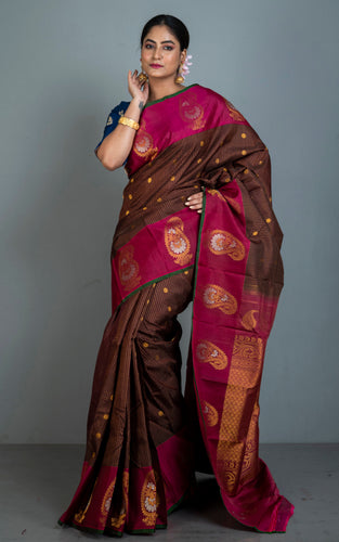 Exclusive Handwoven Paisley Motif Minakari Work Gadwal Silk Saree in Chocolate Brown, Magenta, Dark Green, Off White and Golden