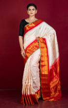 Handwoven Exclusive Kuttu Contrast Gadwal Silk Saree in Off White, Red, Green, Blue and Golden Zari Work