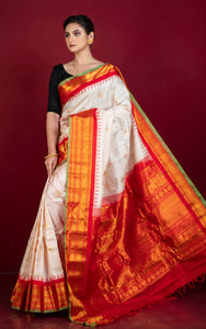 Handwoven Exclusive Kuttu Contrast Gadwal Silk Saree in Off White, Red, Green, Blue and Golden Zari Work