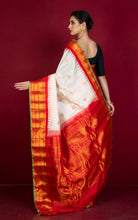 Handwoven Exclusive Kuttu Contrast Gadwal Silk Saree in Off White, Red, Green, Blue and Golden Zari Work