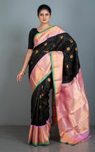 Exclusive Mahapar Nakshi Border Gadwal Silk Saree in Black, Frosted Pink, Pastel Green and Golden Zari Work