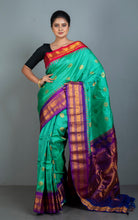 Exclusive Woven Ganja Jamuna Border Checks Gadwal Silk Saree in Sea Green, Purple, Red and Golden Zari Weave