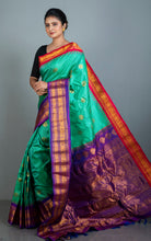 Exclusive Woven Ganga Jamuna Border Checks Gadwal Silk Saree in Sea Green, Purple, Red and Golden Zari Weave