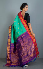 Exclusive Woven Ganga Jamuna Border Checks Gadwal Silk Saree in Sea Green, Purple, Red and Golden Zari Weave