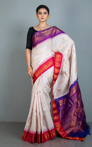 Exclusive Woven Ganga Jamuna Border Checks Gadwal Silk Saree in Off White, Purple, Red and Golden Zari Weave