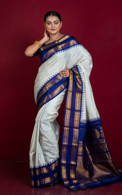 Exclusive Micro Checks Gadwal Silk Saree in Off White, Navy Blue and Golden Zari Work