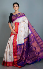 Exclusive Woven Ganja Jamuna Border Checks Gadwal Silk Saree in Off White, Purple, Red and Golden Zari Weave